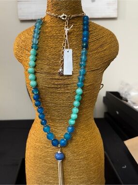Vera Bradley Blue and Aqua Ombre Beaded Tassel Necklace